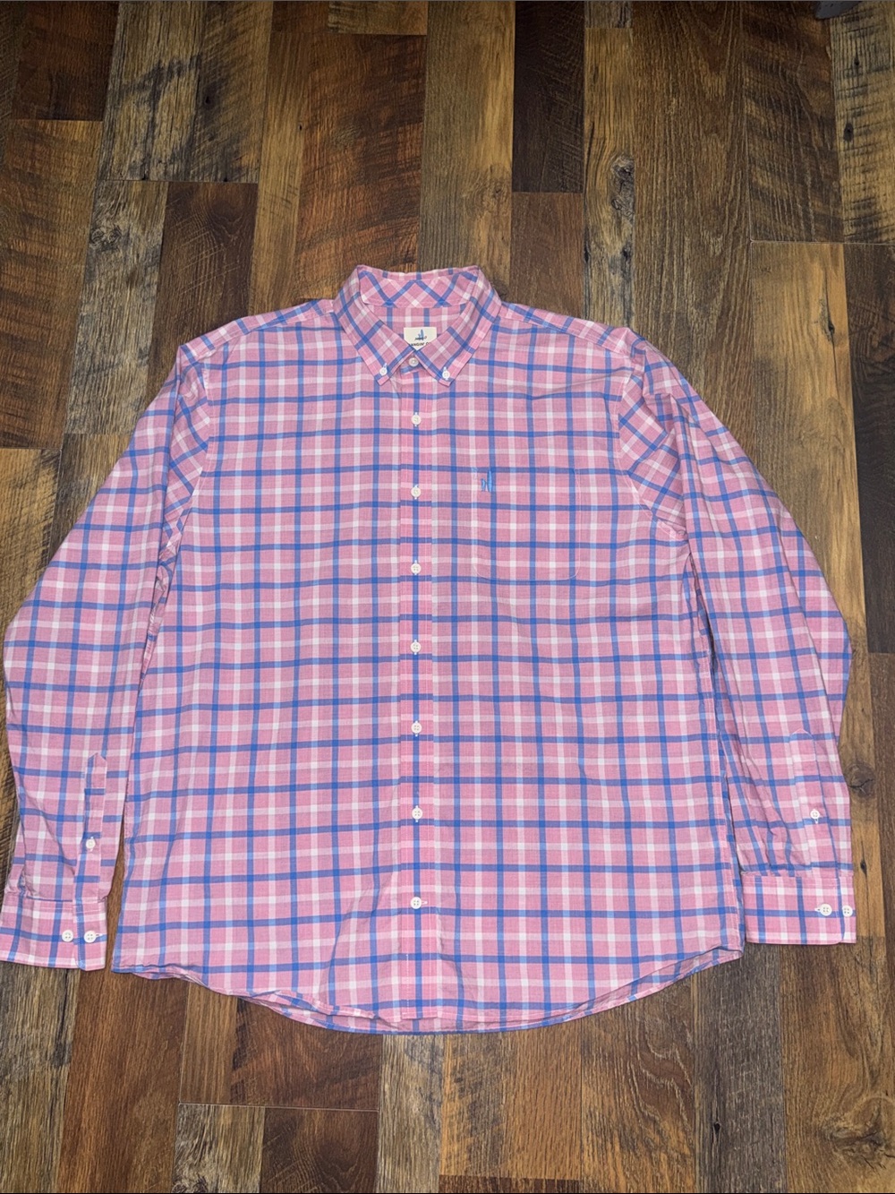 Johnnie-O Hangin’ Out Pink Blue Plaid Button Down Shirt Men’s XL 100% Cotton